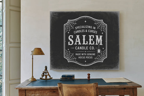 Salem Candle Co Sign Halloween wall art in a styled room