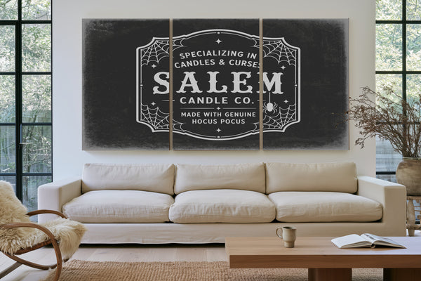 Salem Candle Co Sign Halloween wall art in a styled room