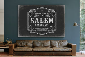 Salem Candle Co Sign Halloween wall art in a styled room