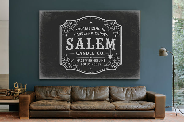 Salem Candle Co Sign Halloween wall art in a styled room