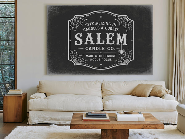 Salem Candle Co Sign Halloween wall art in a styled room