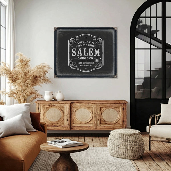 Salem Candle Co Sign Halloween wall art in a styled room