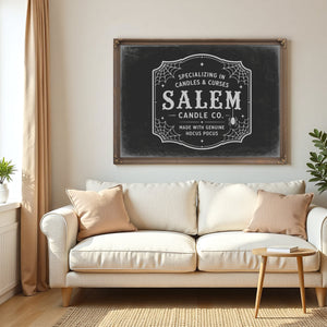 Salem Candle Co Sign Halloween wall art in a styled room