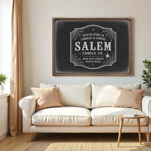 Salem Candle Co Sign Halloween wall art in a styled room