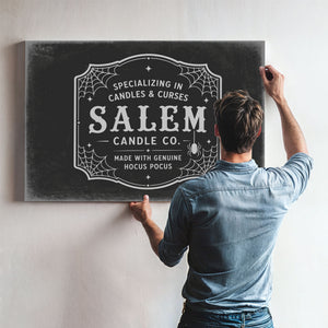 Salem Candle Co Sign Halloween wall art in a styled room