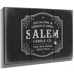 Salem Candle Co Sign Halloween wall art in a styled room