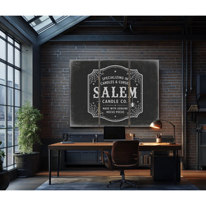 Salem Candle Co Sign Halloween wall art in a styled room