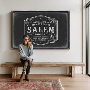 Salem Candle Co Sign Halloween wall art in a styled room