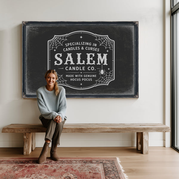 Salem Candle Co Sign Halloween wall art in a styled room