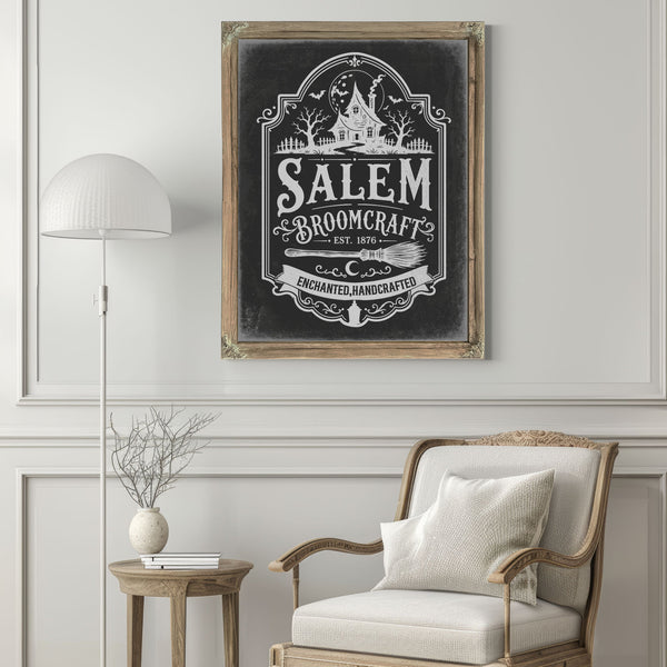Salem Massachusetts Sign Halloween wall art in a styled room
