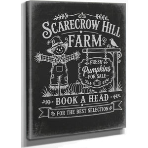 Scarecrow Hill Farm Sign Halloween wall art, stretched canvas