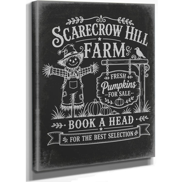 Scarecrow Hill Farm Sign Halloween wall art, stretched canvas