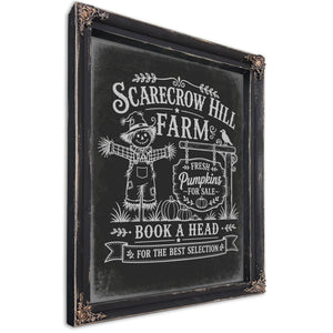 Scarecrow Hill Farm Sign Halloween wall art, Ebony frame