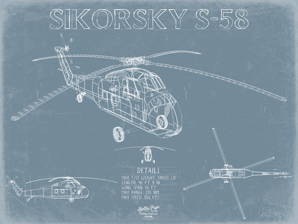 Sikorsky S-58 Aircraft Blueprint Wall Art - Original Utility Helicopter Print