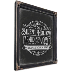Silent Hollow Farmhouse Sign Halloween wall art, Ebony frame