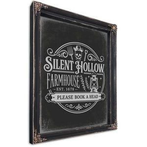 Silent Hollow Farmhouse Sign Halloween wall art, Ebony frame