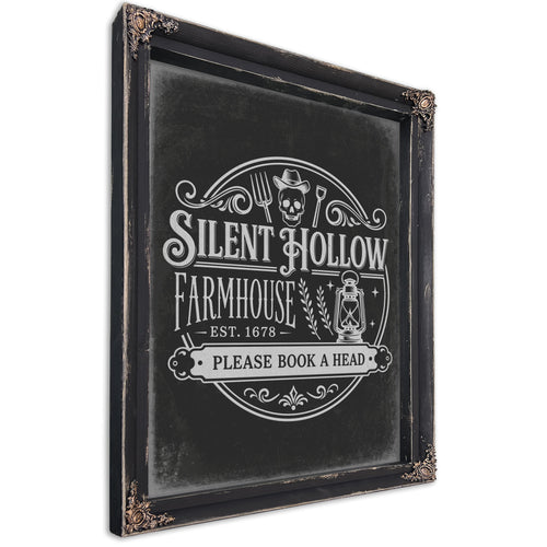 Silent Hollow Farmhouse Sign Halloween wall art, Ebony frame