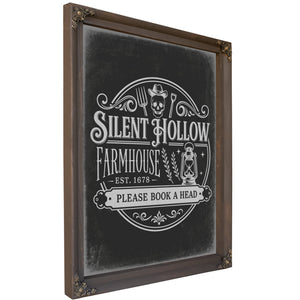 Silent Hollow Farmhouse Sign Halloween wall art, Bourbon frame