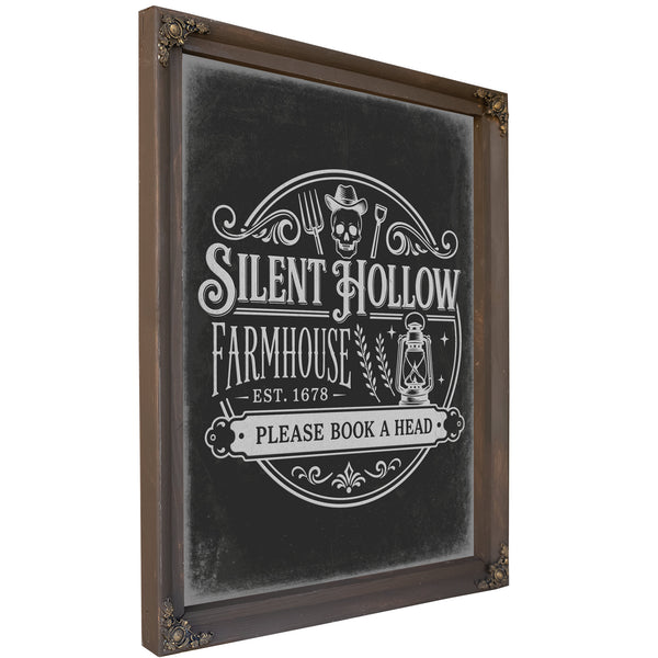 Silent Hollow Farmhouse Sign Halloween wall art, Bourbon frame