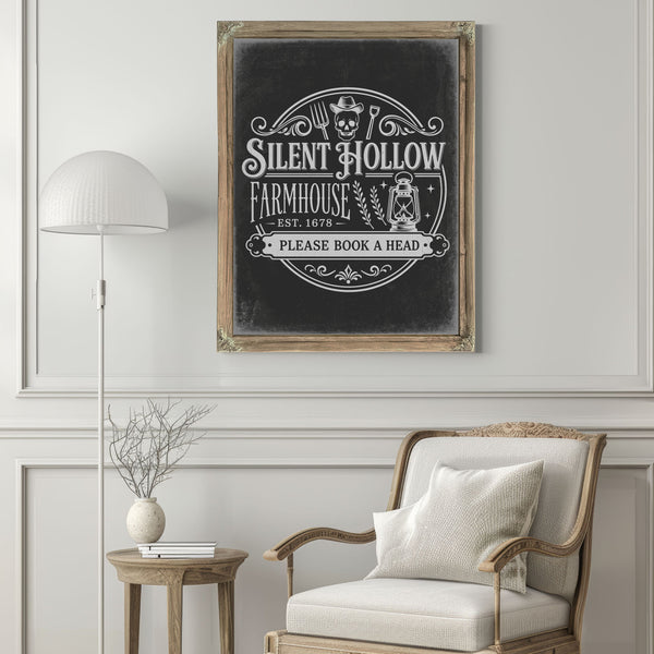 Silent Hollow Farmhouse Sign Halloween wall art in a styled room