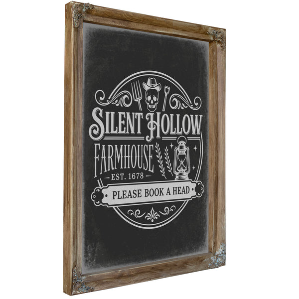 Silent Hollow Farmhouse Sign Halloween wall art, Verdigris frame