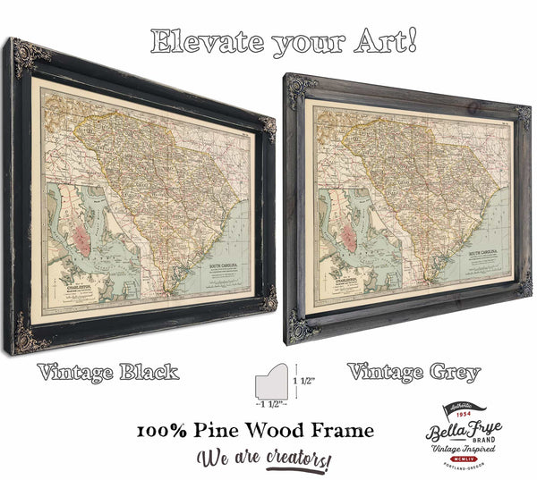 Framed South Carolina Vintage Map - Ornate Embellishment Frame with Print