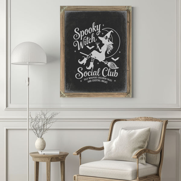 Spooky Witch Social Club Sign Halloween wall art in a styled room
