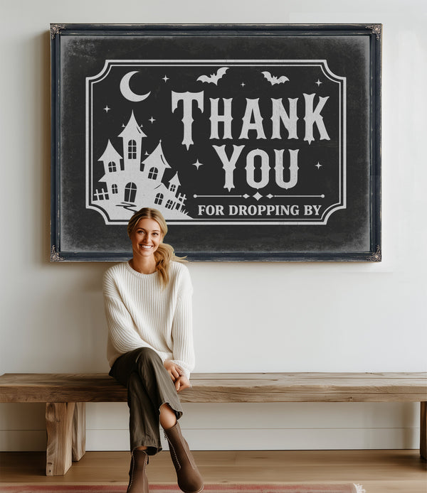 Thank You for Visiting Sign Halloween wall art in a styled room