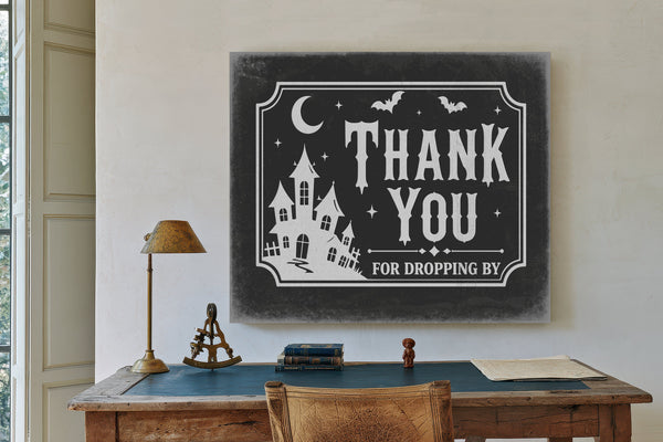 Thank You for Visiting Sign Halloween wall art in a styled room