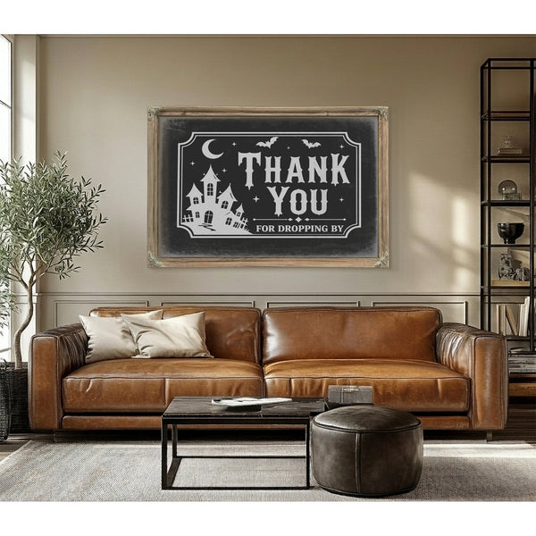 Thank You for Visiting Sign Halloween wall art in a styled room
