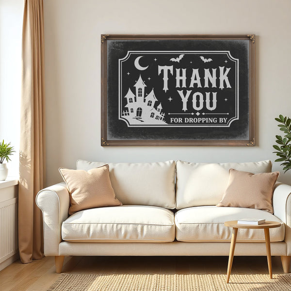 Thank You for Visiting Sign Halloween wall art in a styled room