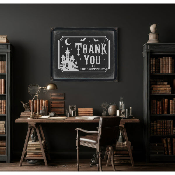 Thank You for Visiting Sign Halloween wall art in a styled room