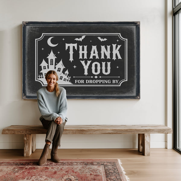 Thank You for Visiting Sign Halloween wall art in a styled room