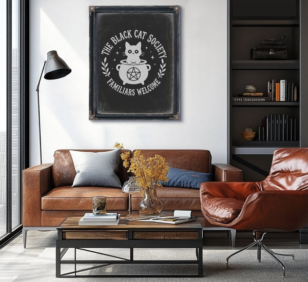 The Black Cat Society Sign Halloween wall art in a styled room