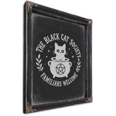 The Black Cat Society Sign Halloween wall art, Ebony frame