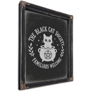 The Black Cat Society Sign Halloween wall art, Ebony frame