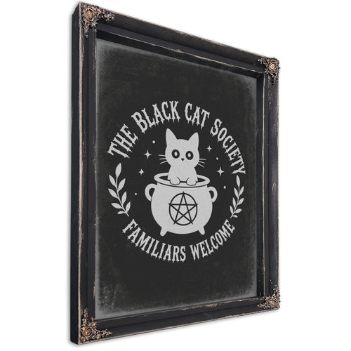 The Black Cat Society Sign Halloween wall art, Ebony frame