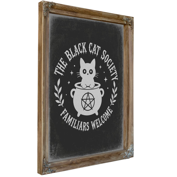 The Black Cat Society Sign Halloween wall art, Verdigris frame