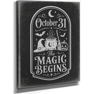 The Magic Begins Sign Halloween wall art, stretched canvas