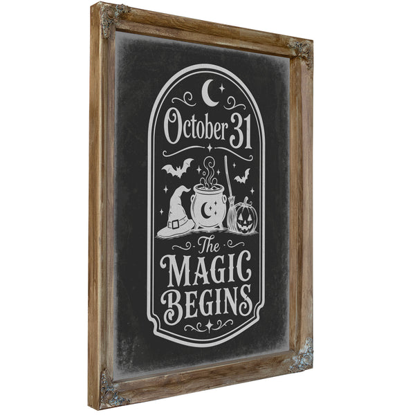 The Magic Begins Sign Halloween wall art, Verdigris frame