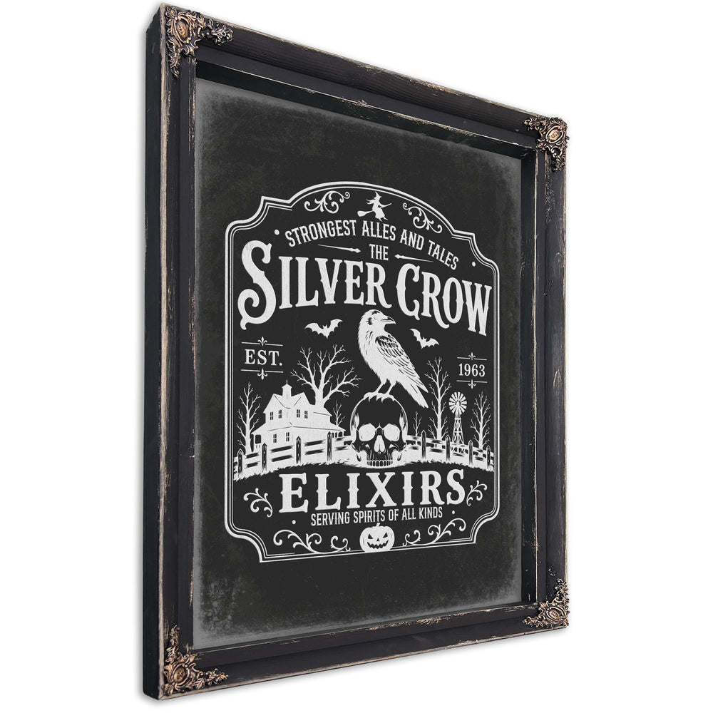 The Silver Crow Sign Halloween wall art, Ebony frame
