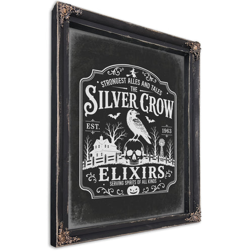 The Silver Crow Sign Halloween wall art, Ebony frame