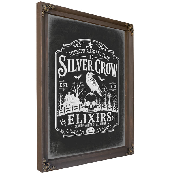 The Silver Crow Sign Halloween wall art, Bourbon frame