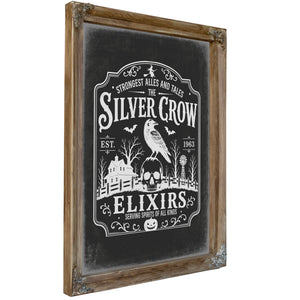 The Silver Crow Sign Halloween wall art, Verdigris frame