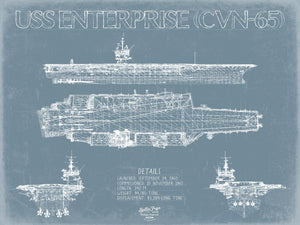 Bella Frye 14" x 11" / Unframed Paper Giclee USS Enterprise (CVN-65) Frigate Ship Blueprint Wall Art - Original Carrier Print