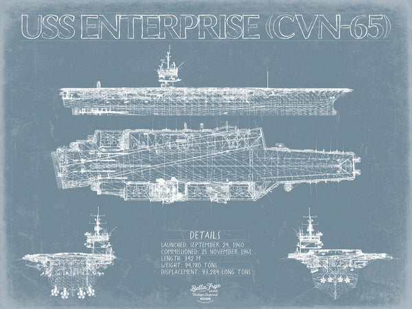 Bella Frye 14" x 11" / Unframed Paper Giclee USS Enterprise (CVN-65) Frigate Ship Blueprint Wall Art - Original Carrier Print