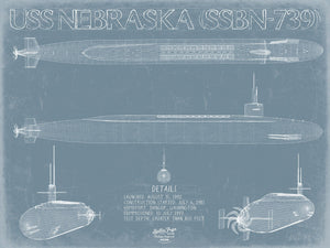 Bella Frye 14" x 11" / Unframed Paper Giclee USS Nebraska (SSBN-739) Blueprint Wall Art - Original Submarine Print