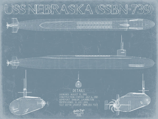 Bella Frye 14" x 11" / Unframed Paper Giclee USS Nebraska (SSBN-739) Blueprint Wall Art - Original Submarine Print