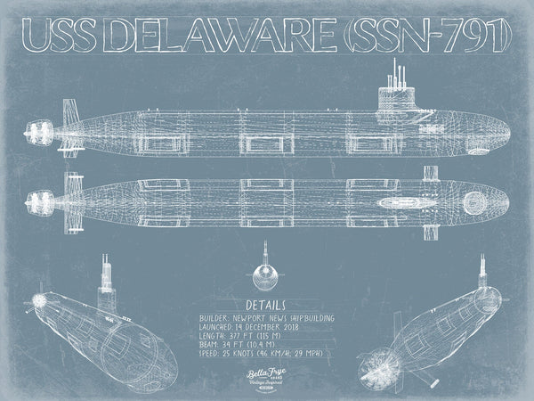 Bella Frye 14" x 11" / Unframed Paper Giclee USS Delaware (SSN-791) Blueprint Wall Art - Original Submarine Print