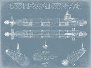 Bella Frye 14" x 11" / Unframed Paper Giclee USS Hawaii (SSN-776) Blueprint Wall Art - Original Submarine Print